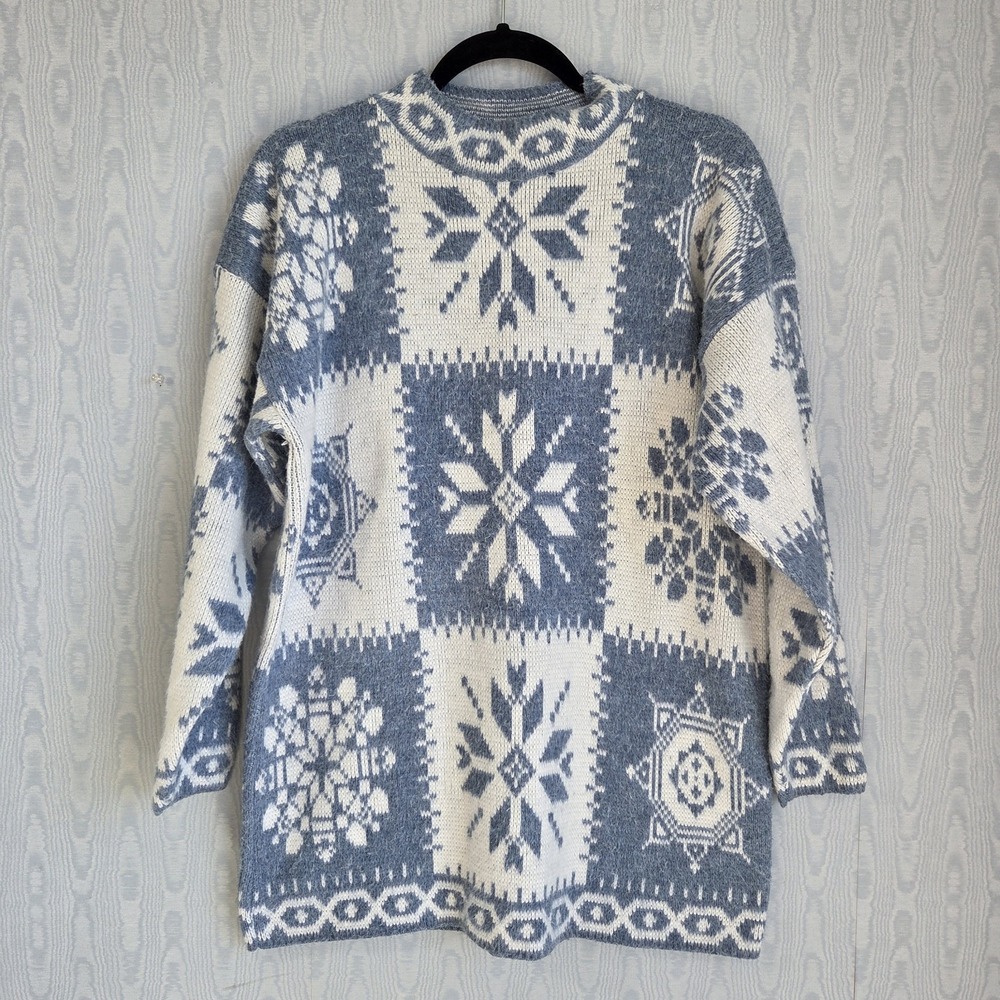 Vtg 90s Womens L Sweater Tunic Nordic Fair Isle Blue White‎ Cottage Cabin Ski
